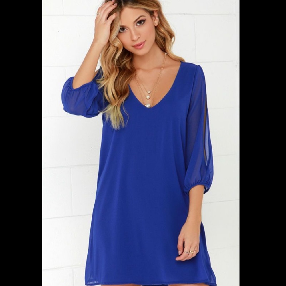 Lulu’s Shifting Dears Royal Blue long Sleeve Dress